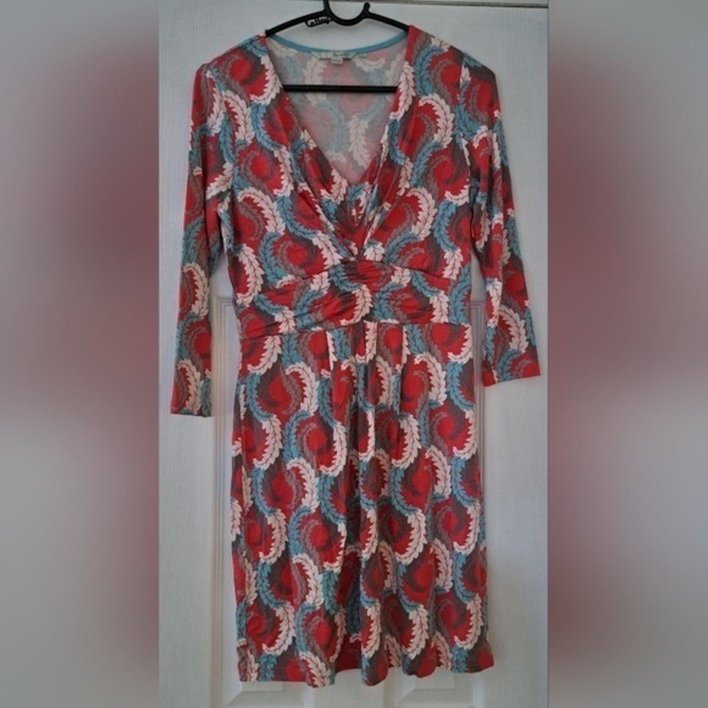 Boden Red Blue Leaf Print V-Neck Twist Front Jersey Dress US 6 UK 10
